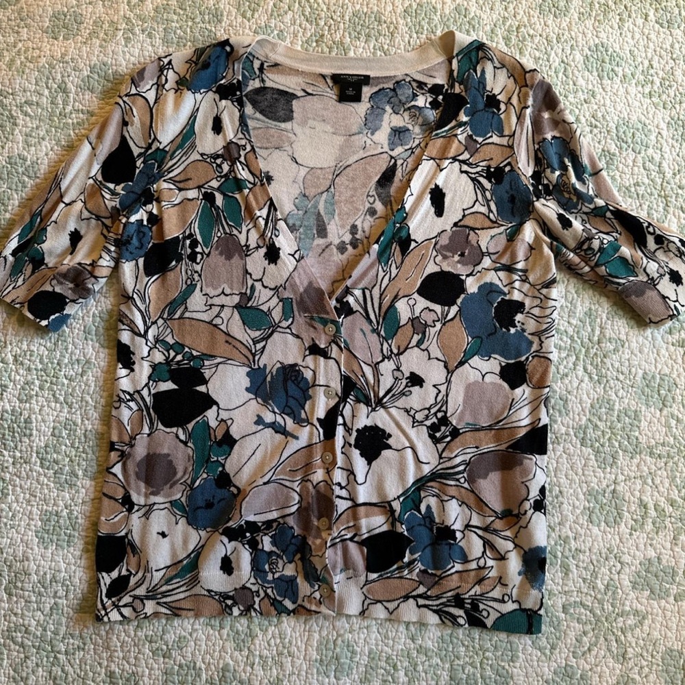 Ann Taylor Floral V-Neck Cardigan - Black, Gray, Teal
